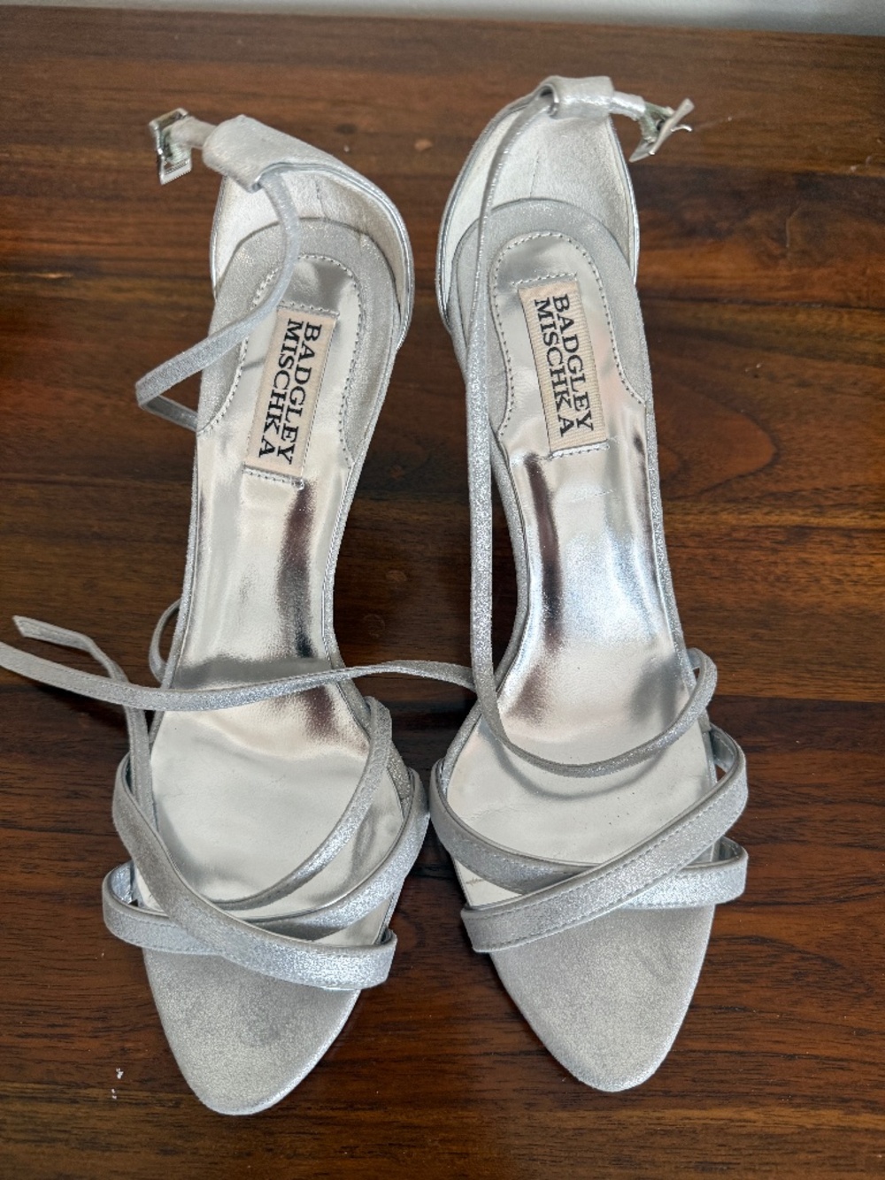 Badgley Mischka Silver Strappy Heels Size 8.5M | Leather Sole | Evening Wedding